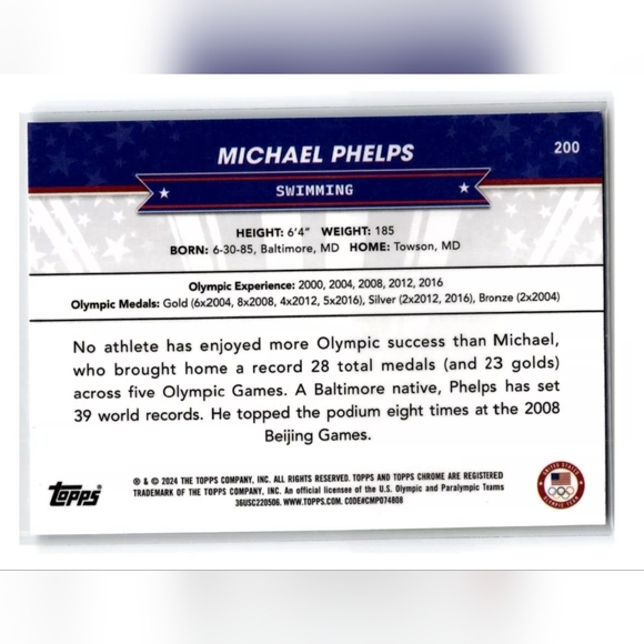Michael Phelps 🥽 Olympic Swimming Trading Card 🔥 Gold Medalist Team USA - Picture 2 of 2